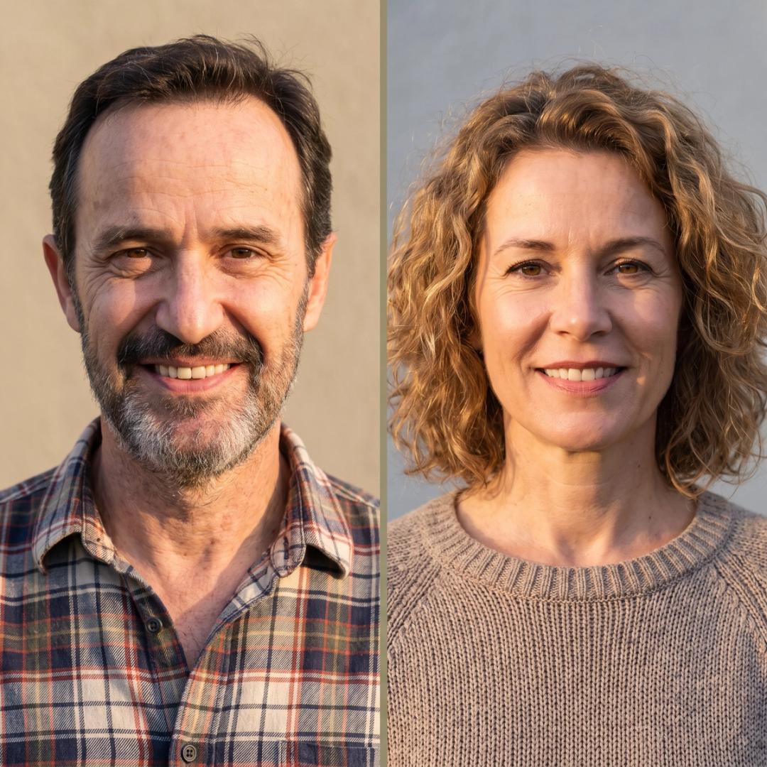A split-composition portrait of a real man and woman in their late 40s-50s, each on their own side, separated by a vertical line, both facing the camera