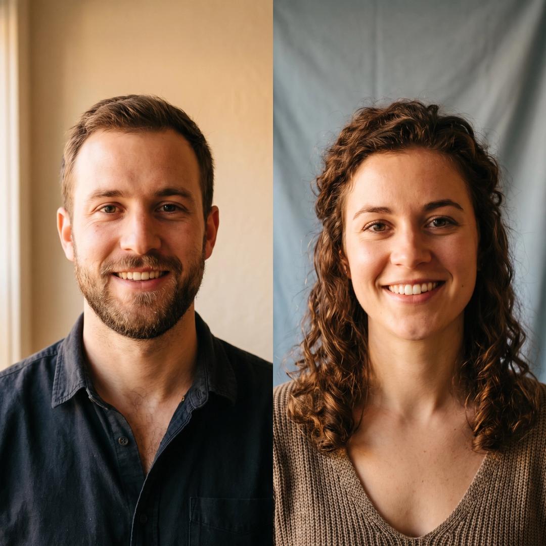 A split-composition portrait of a real man and woman in their 20s, each on their own side, separated by a vertical line, both facing the camera