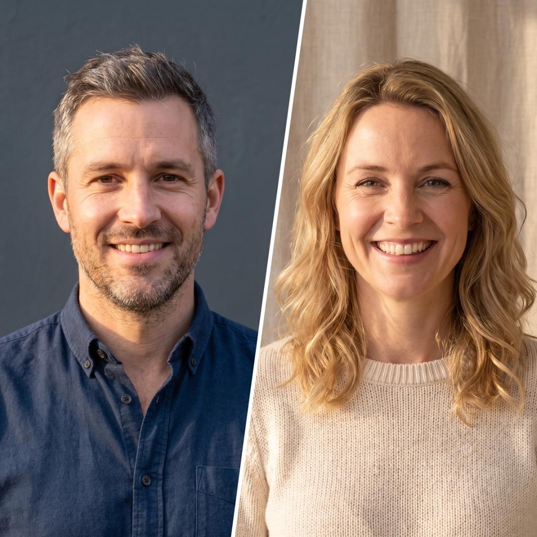 A split-composition portrait of a real man and woman in their 30s-40s, each on their own side, separated by a vertical line, both facing the camera