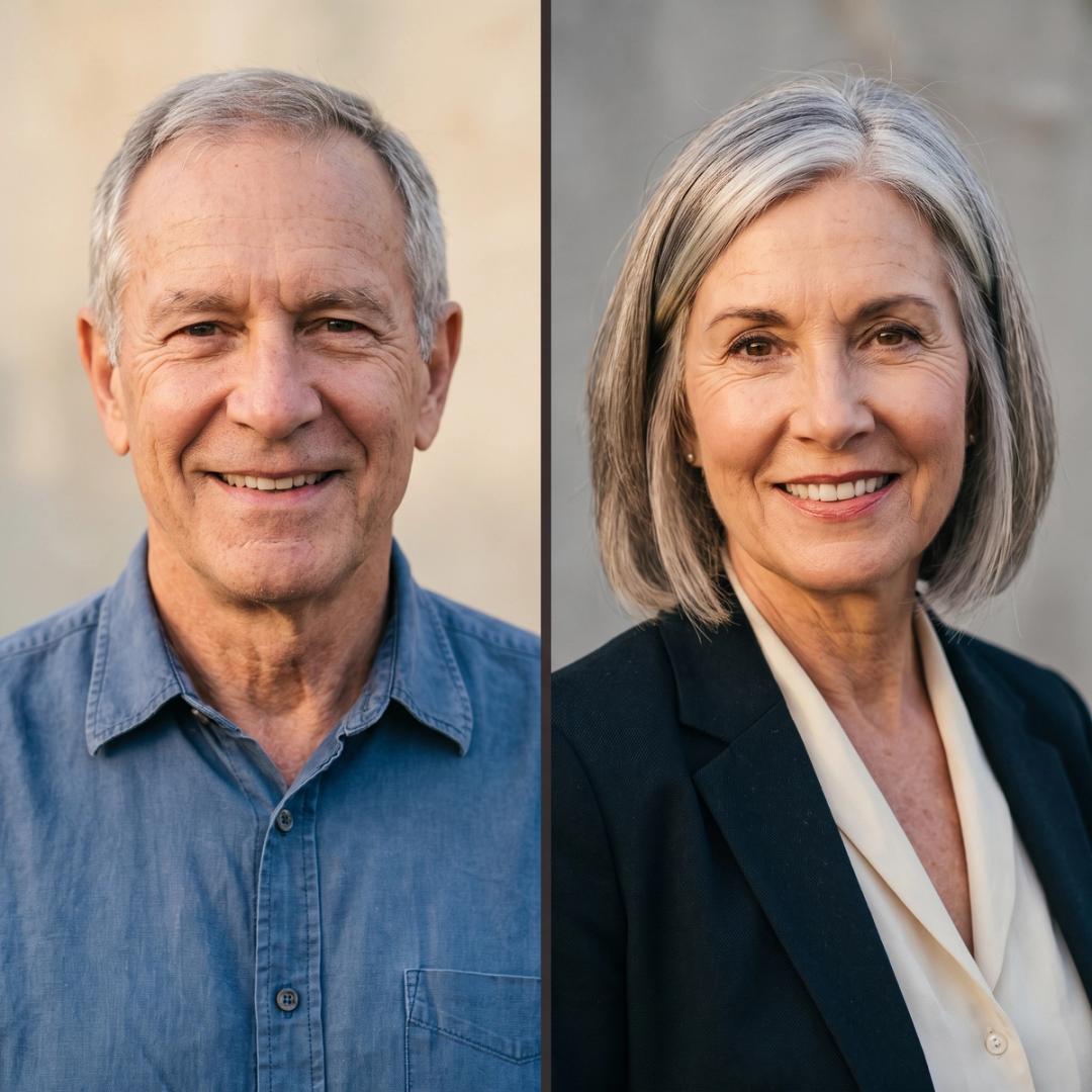 A split-composition portrait of a real man and woman in their 60s, each on their own side, separated by a vertical line, both facing the camera