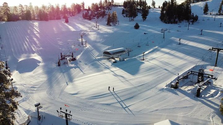 Aerial view of the bottom of a ski lift