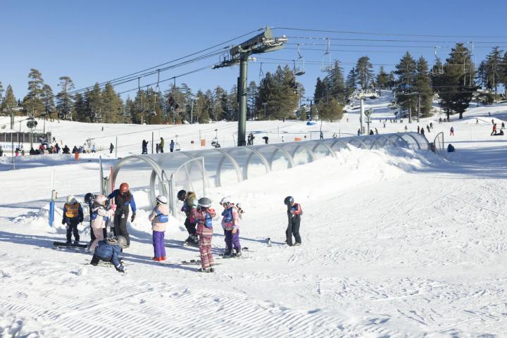 Group of kids learning how to ski and snowboard