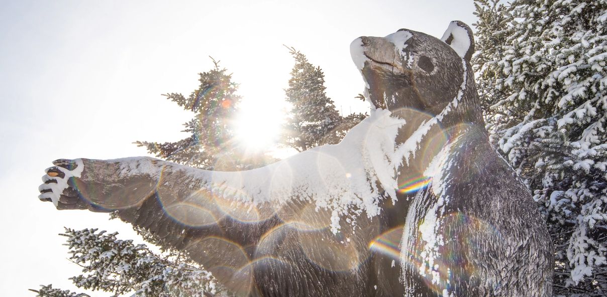 A bear statue covered in snow at the top of a mountain