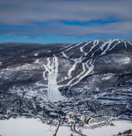 An aerial shot of Tremblant during the winter.