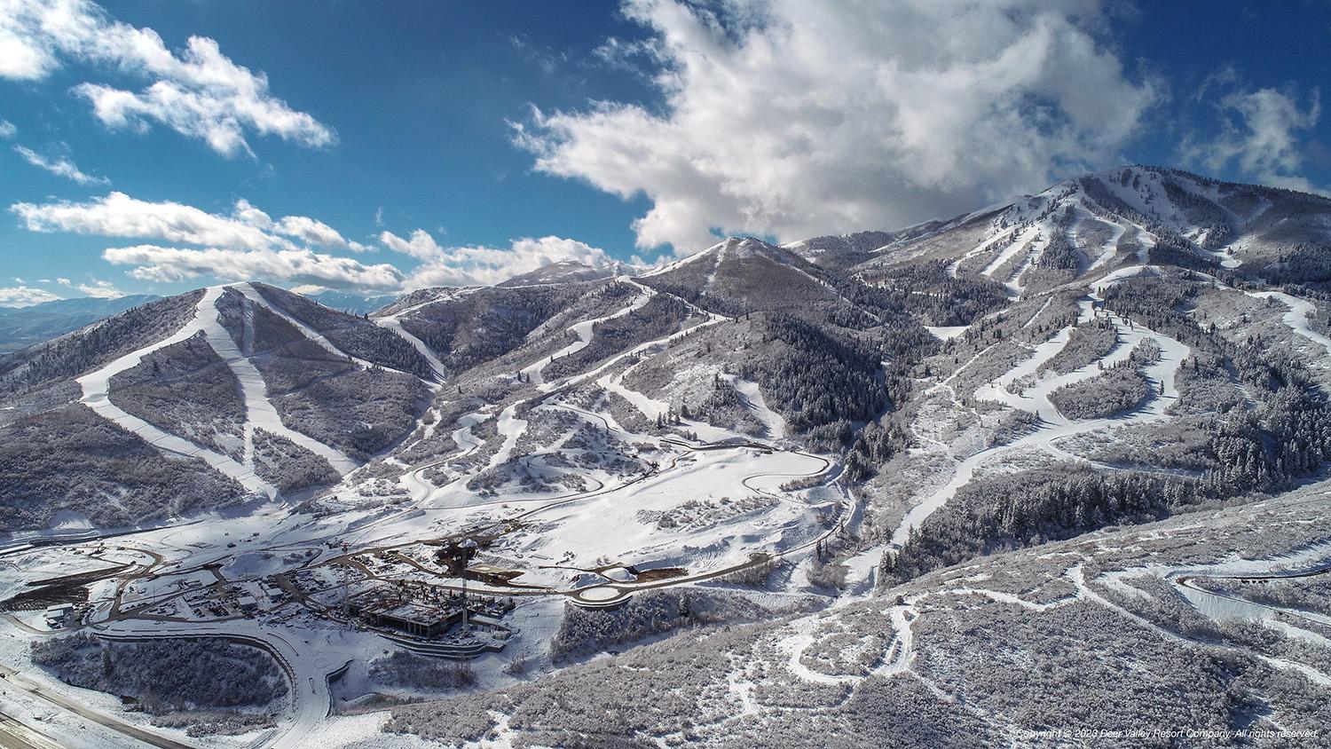 Aerial view of a ski resort in winter