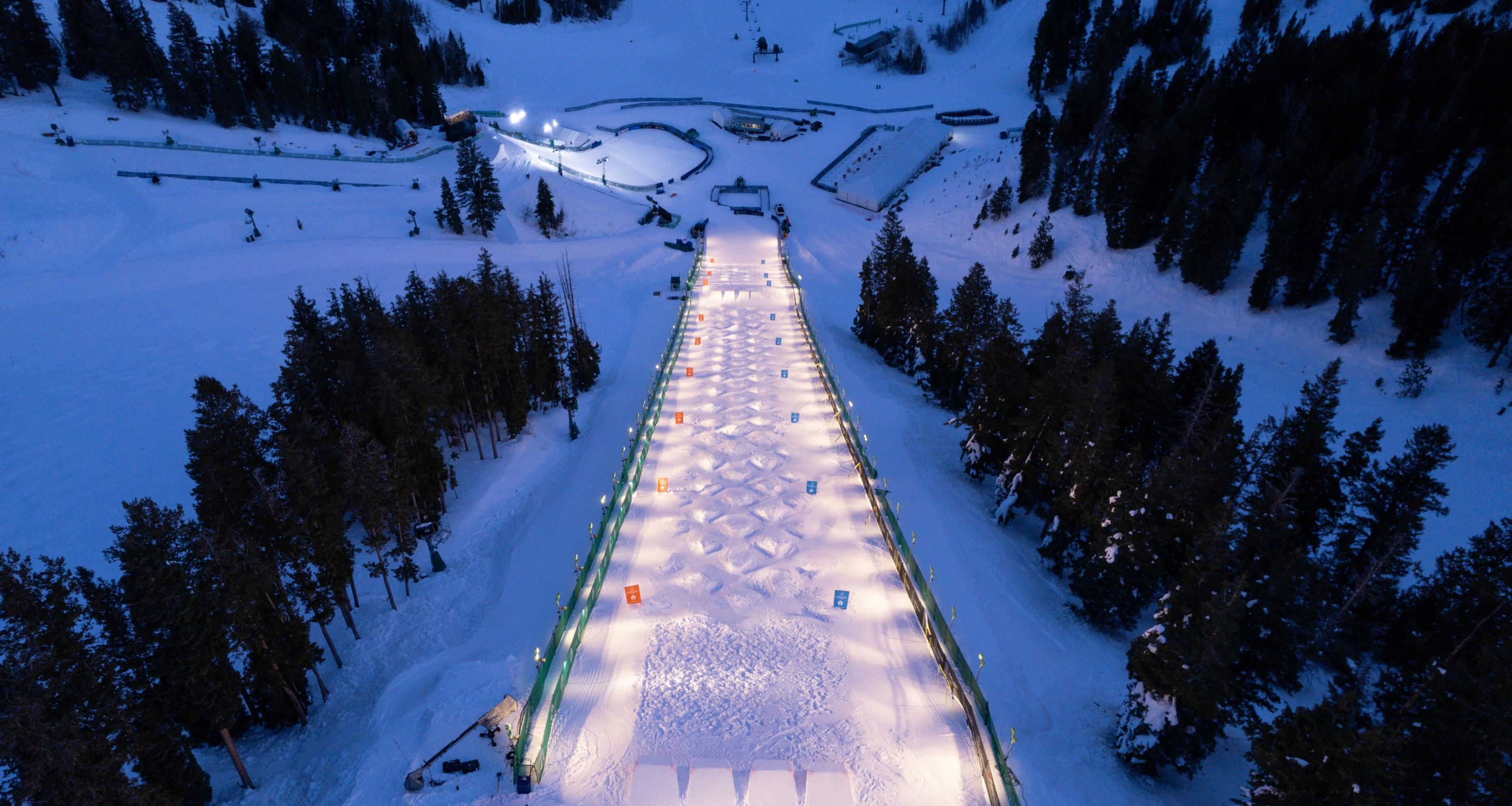 Skier performing an aerial jump at an Olympic event