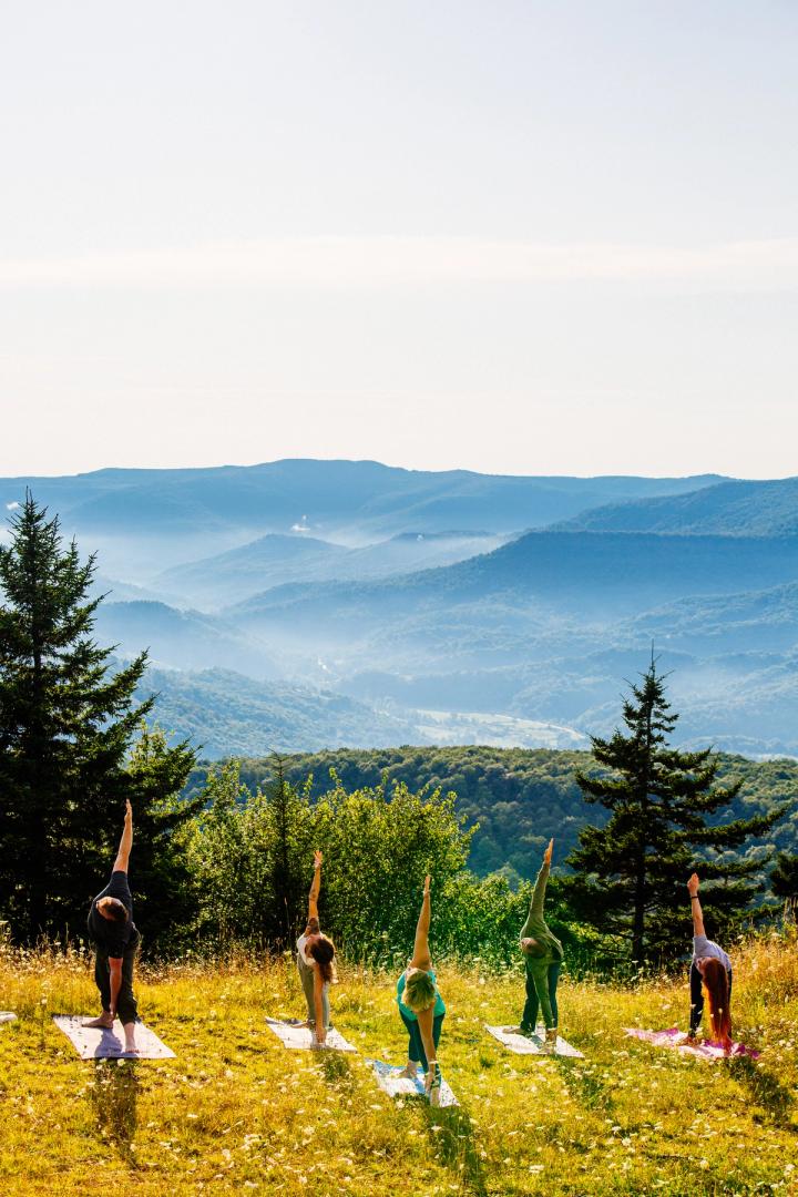 Group of people doing yoga in a mountain field