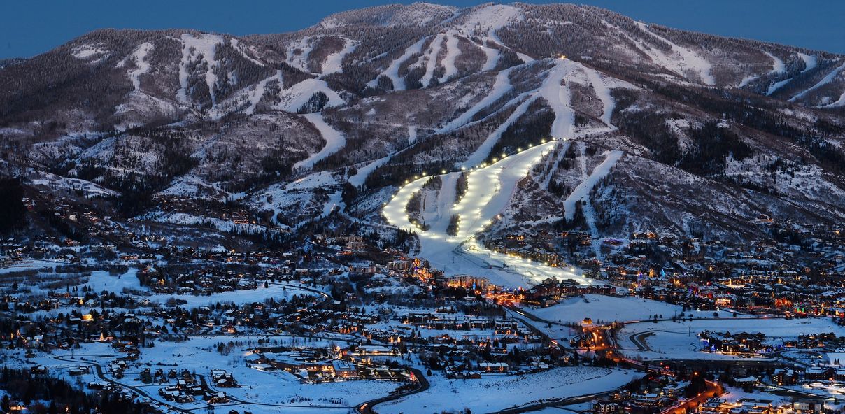 aerial view of a ski resort at night