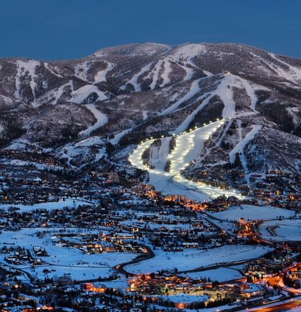 aerial view of a ski resort at night