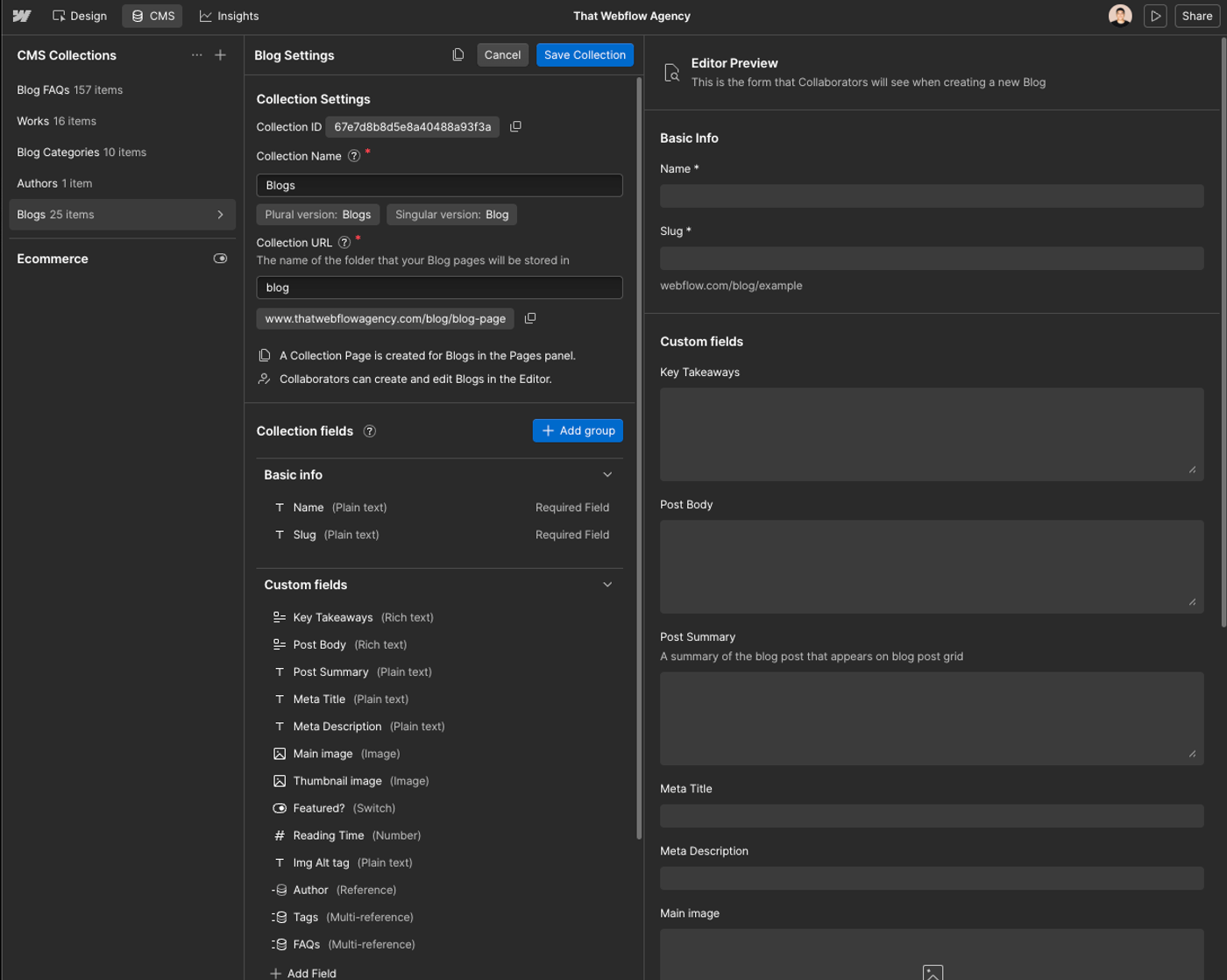 A Webflow Collection settings panel showing the Blogs collection fields with their types: Name and Slug as Plain text, Key Takeaways and Post Body as Rich text, Main image and Thumbnail image as Image, Featured as Switch, Reading Time as Number, Author as Reference, and Tags and FAQs as Multi-reference.