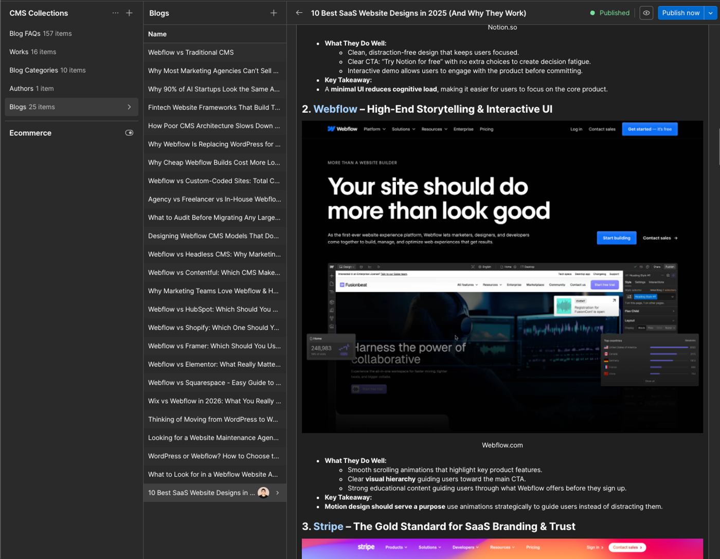 A Webflow CMS editor showing a blog post body with the heading "2. Webflow, High-End Storytelling and Interactive UI" followed by a large full-width product screenshot and the caption "Webflow.com".