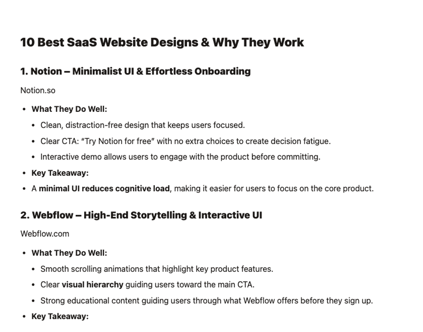 The same passage after conversion. Each heading is now followed immediately by a bare line of text reading "Notion.so" or "Webflow.com" where the screenshot used to be. The bold text and nested bullet lists are intact.