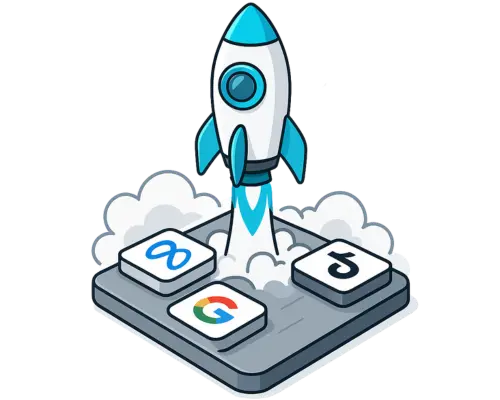 Rocket launching from platform with platform icons
