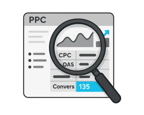 Magnifying glass over a PPC dashboard