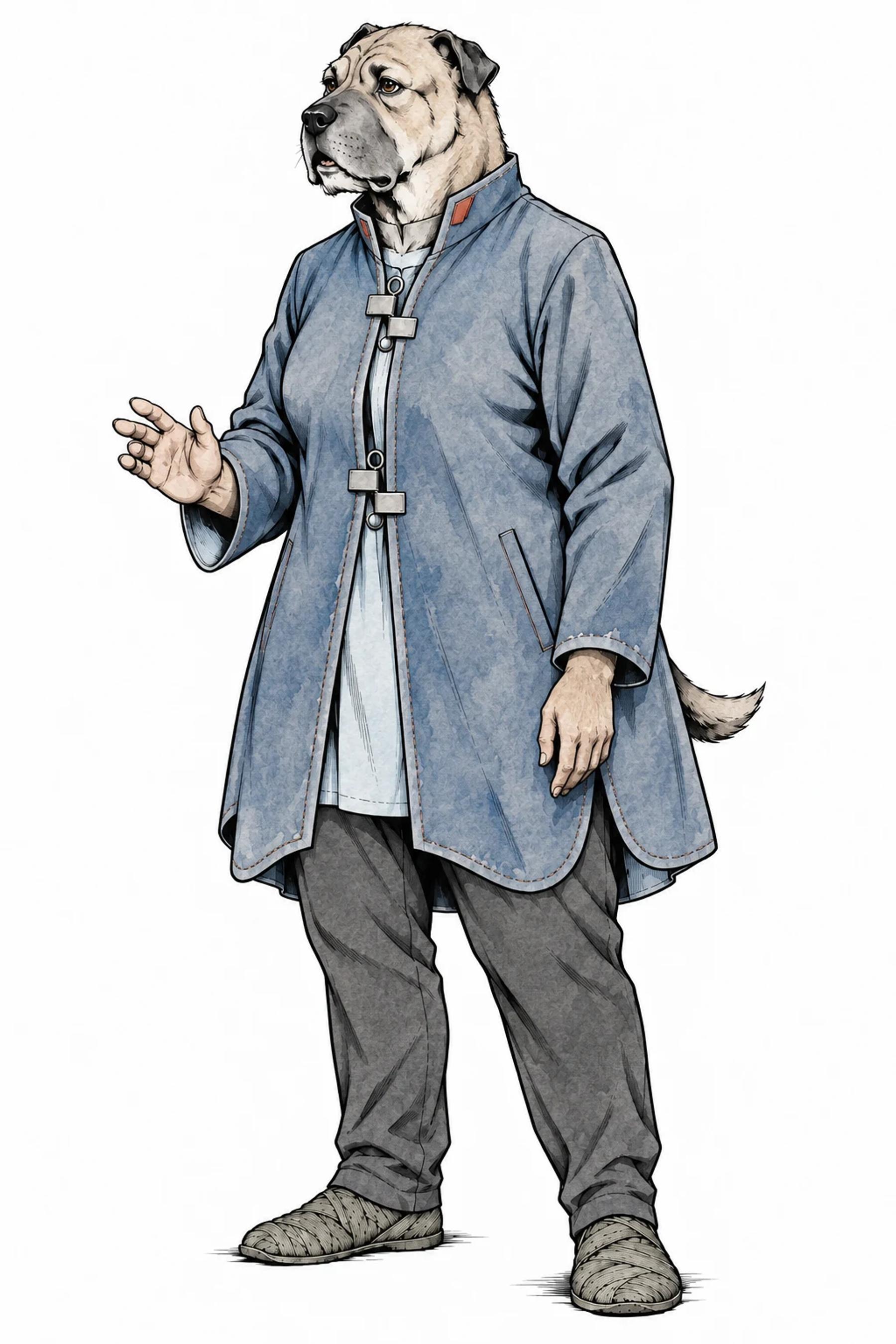 Verin, une imposante femme mastiff en long manteau bleu, tend une main en parlant.
