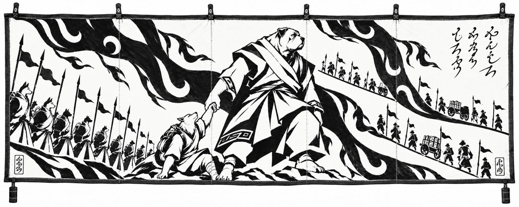 二枚目の線画。根は幅広く巻くリボンのようになり、道は二本の平たい帯になる。繰り返される小さな人物が、ハレンの巨大さを際立たせる。