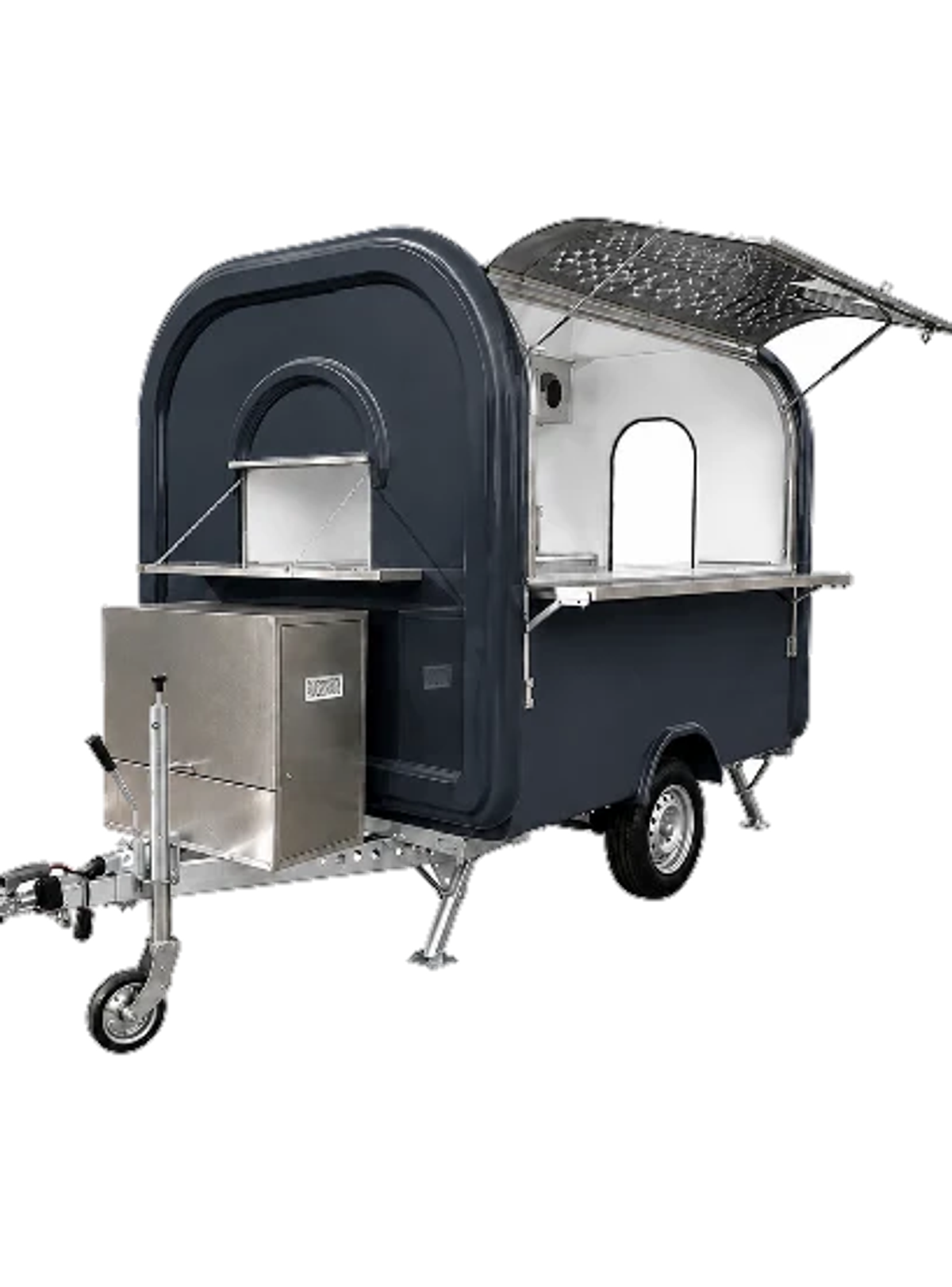 Remorque M-230 gris ardoise, auvent relevé et comptoir ouvert