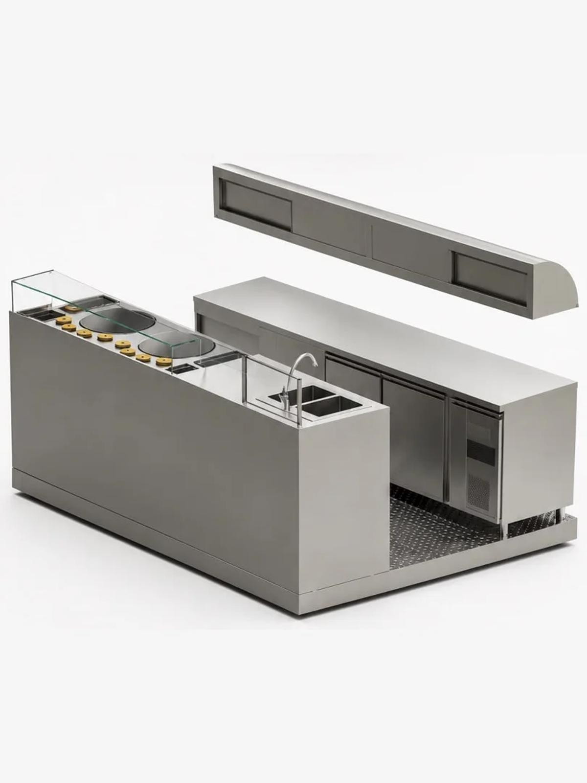 Plan 3D de l'aménagement crêperie vu de l'autre côté : vitrine, évier et table réfrigérée