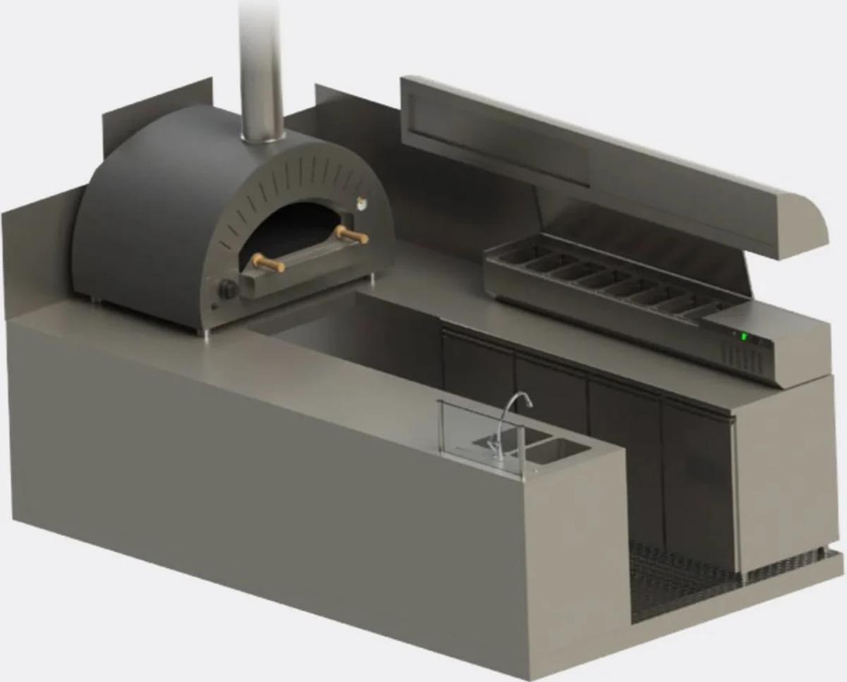 Plan 3D de l'aménagement pizzeria vu de dessus : four, saladette et table réfrigérée