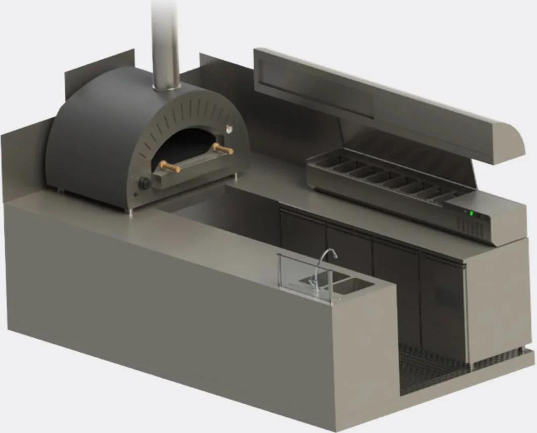 Plan 3D de l'aménagement pizzeria vu de dessus : four, saladette et table réfrigérée