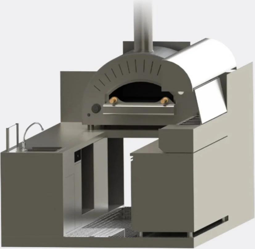Plan 3D de l'aménagement pizzeria vu de face : four, évier et plan de travail