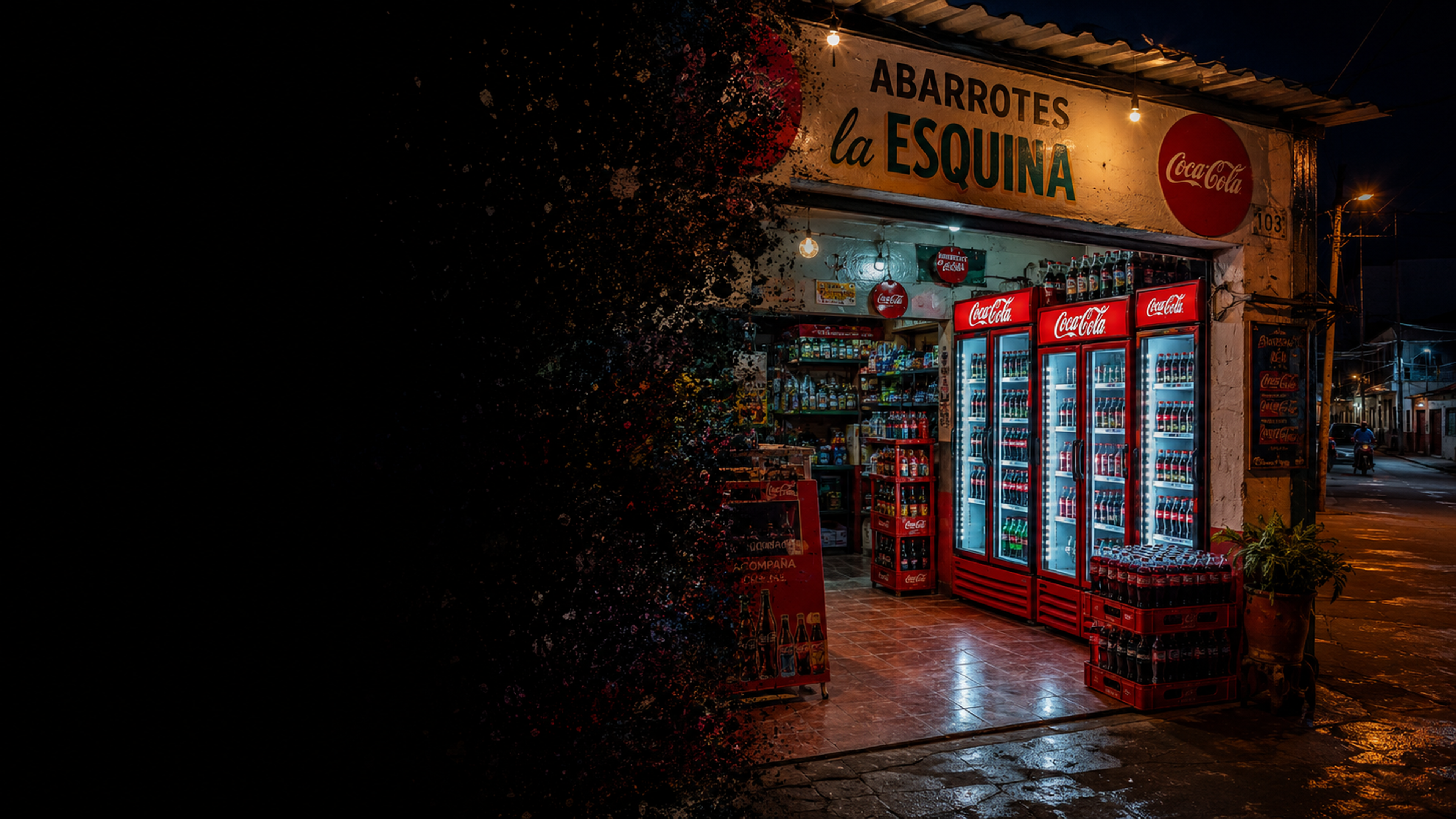 Illustrative red soft-drink bottles and cans in a chilled retail cooler