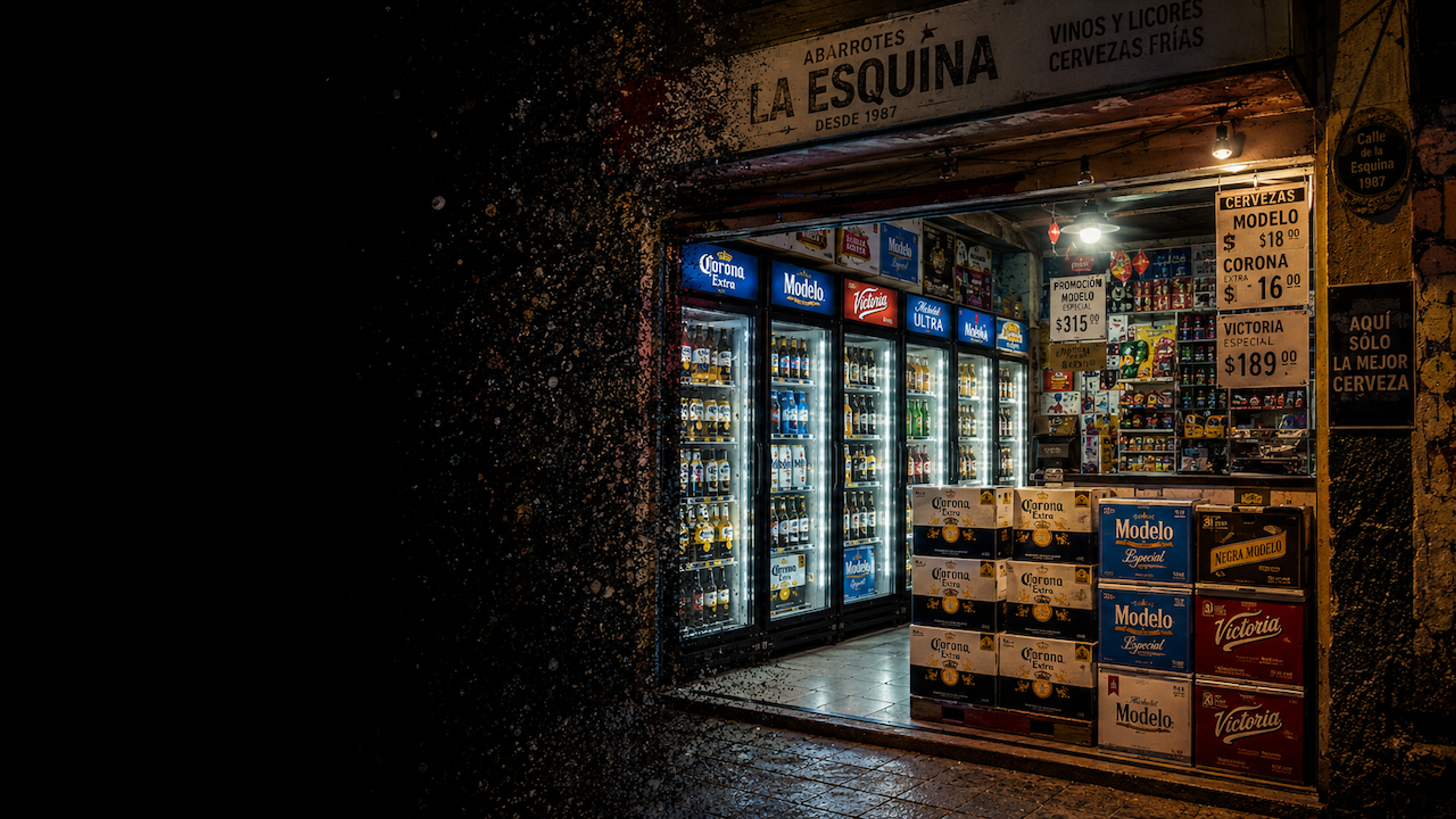 Illustrative amber beer bottles and cans in a chilled retail cooler