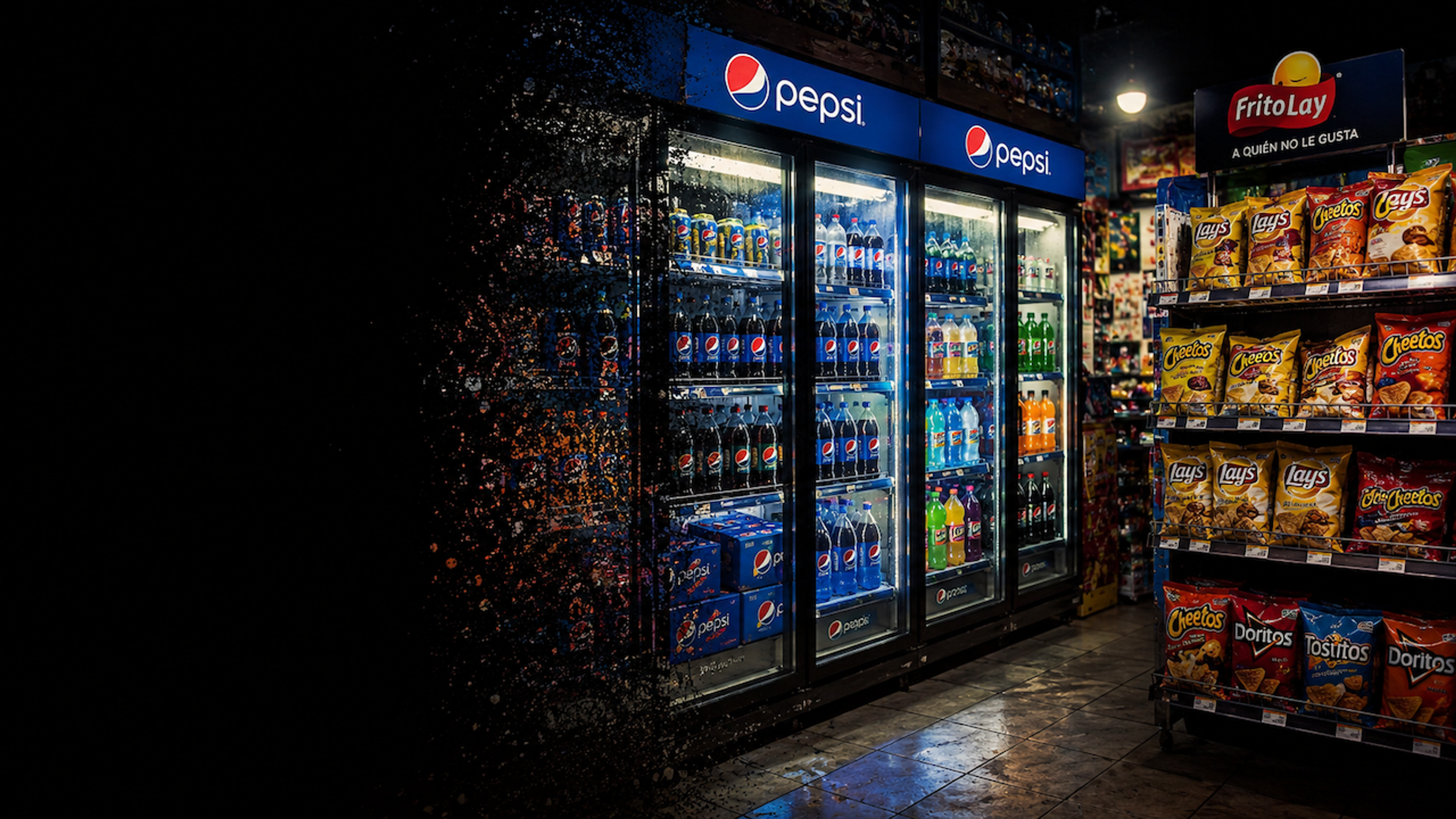 Illustrative blue soft-drink bottles and cans in a chilled retail cooler