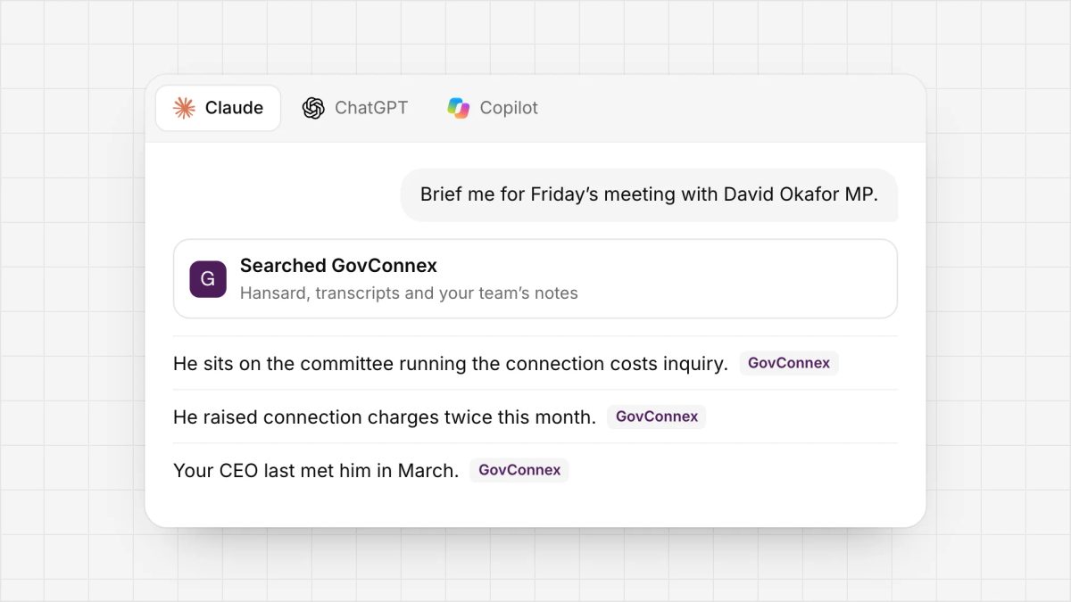 Claude asked to brief for Friday’s meeting with David Okafor MP: it searches GovConnex and answers with each point cited.
