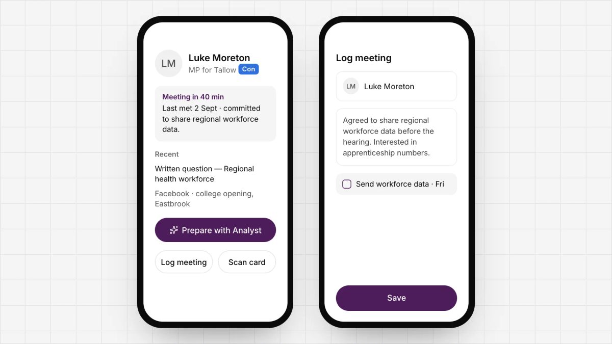 GovConnex on two phones: an MP’s profile with a meeting in 40 minutes and Prepare with Analyst, and the meeting being logged with a follow-up task.