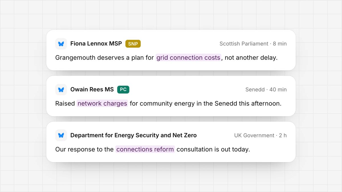 Bluesky posts from an MSP, a Member of the Senedd and the Department for Energy Security and Net Zero, with the issues they mention highlighted.