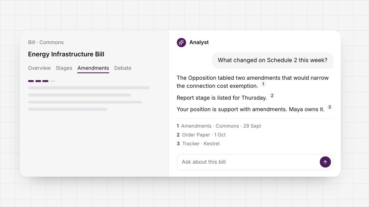 Analyst open beside the Energy Infrastructure Bill, answering what changed this week with three numbered sources.