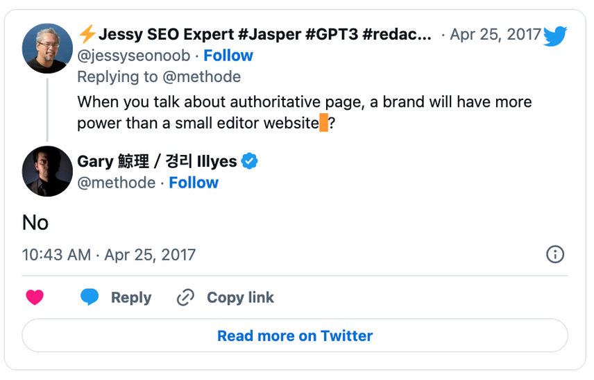 Tweet explaining that site authority won't effect ranking of smaller or emerging sites