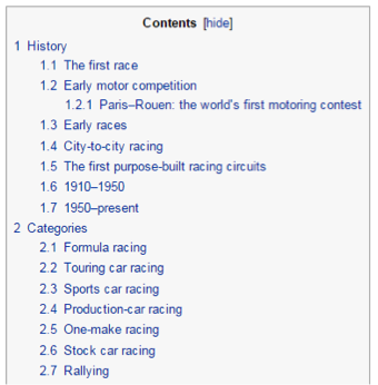 The table of contents as seen on the 'race car' wikipedia page.