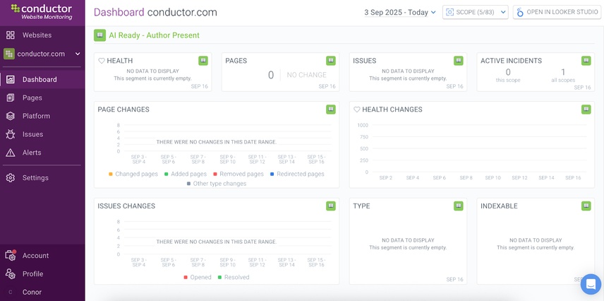 A dashboard in Conductor Monitoring that shows any page that is published without an attributed author.