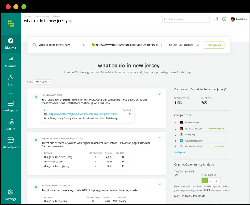 A screenshot showing the functionality of Content Guidance in Conductor's enterprise SEO platform.