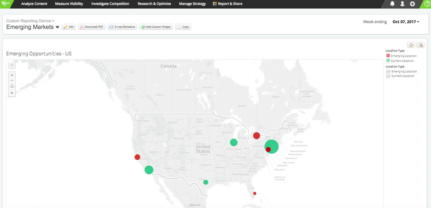 Desktop screenshot of FlexHub map depicting search volume in the United States.