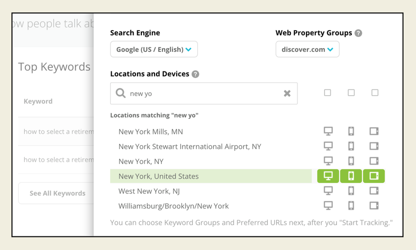 A settings pane gives options to customize how a keyword is tracked within Conductor. A search box allows entering a location, and the results below show New York state is an available location.
