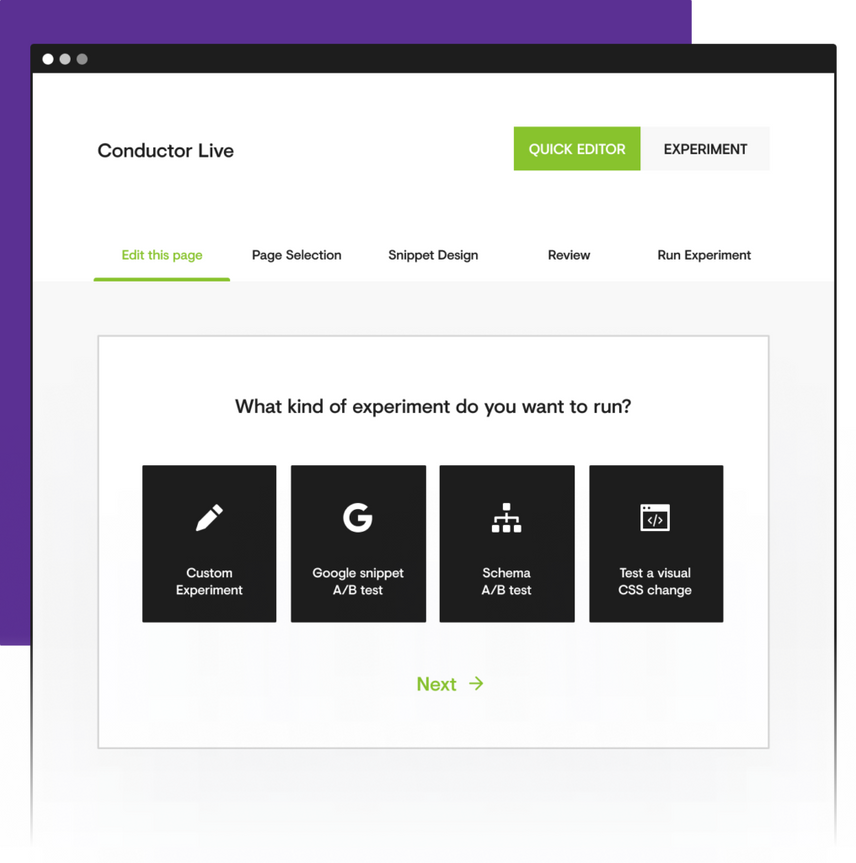 The Conductor Live feature in Conductor's SEO Platform demonstrating how you can edit your webpages as well as run experiences, a/b, schema, and visual CSS changes