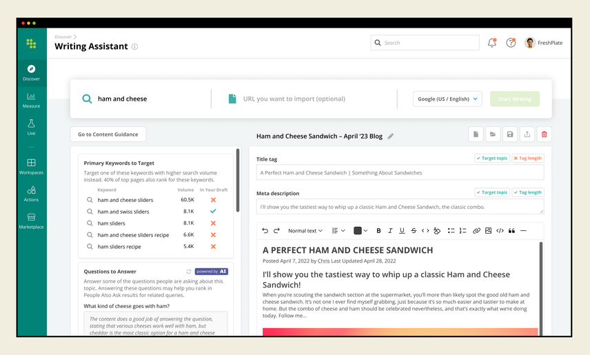 Writing Assistant’s feature interface, with fields available to search a target keyword, import a URL, and customize the search engine. A panel below provides space to enter copy.