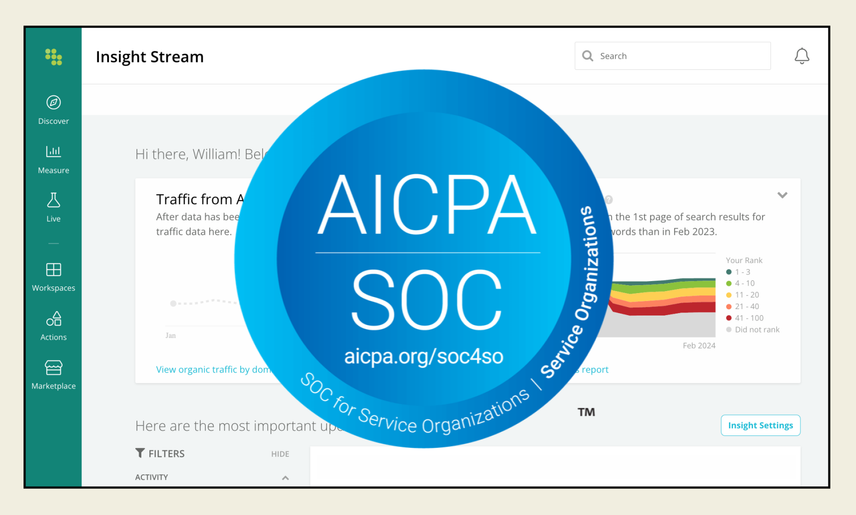 The AICPA SOC logo, a deep blue circle with white text, sits on top of an image of the Conductor home screen to represent the certification achievement.