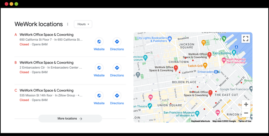 Google map of WeWork locations in San Francisco