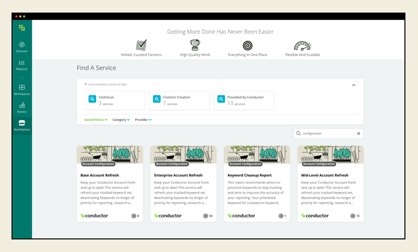 Brief summaries of the four services included in the Account Configuration Services category in Conductor's Marketplace.