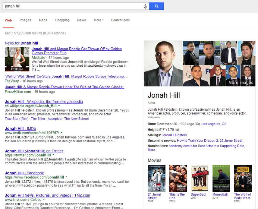 rich elements in serp for search of jonah hill