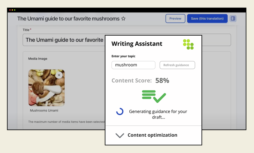 The Drupal text editor interface is in the background, showing a piece of content that covers an umami guide to mushrooms. A pop-up overlay highlights Conductor's module, including a search bar to enter the target topic, a content score as a percentage, and a loading icon suggesting more information is generating.
