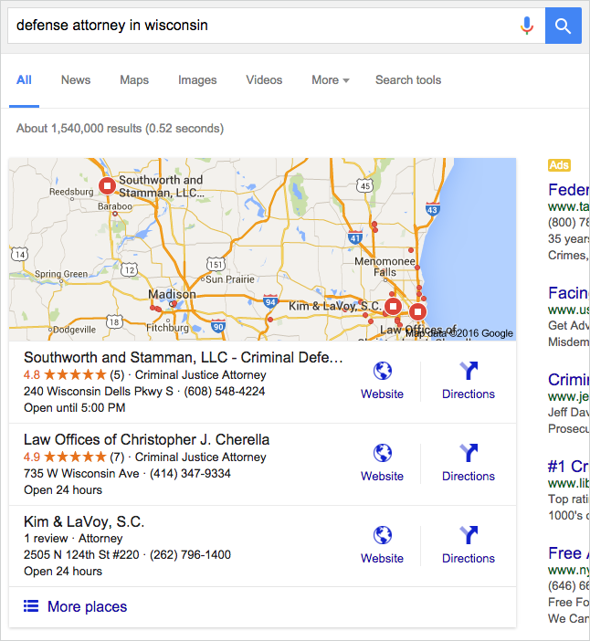 Example of the local search pack released by Google in its 2014 Pigeon update.