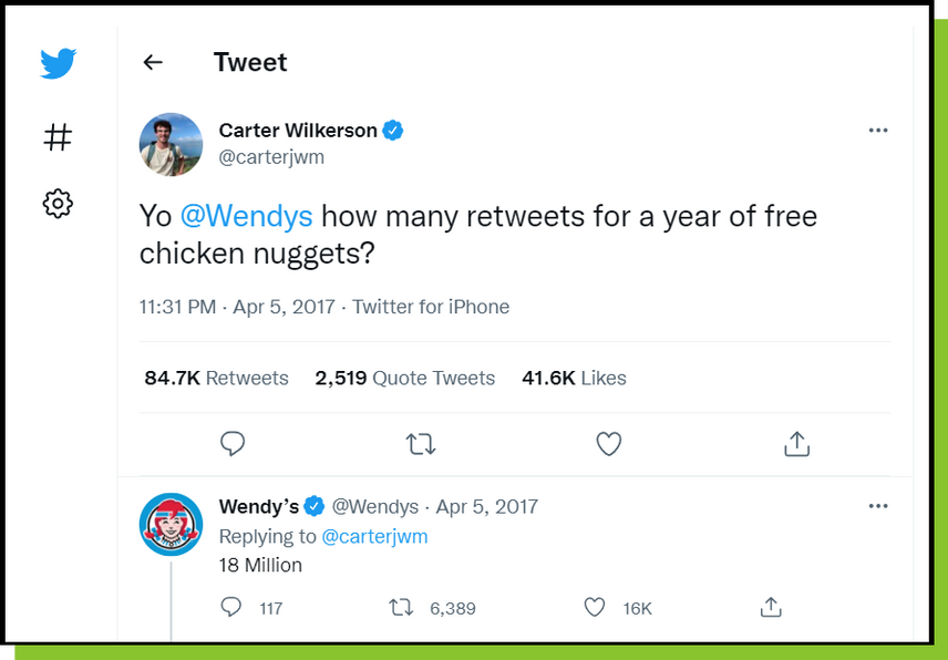 Tweet interaction between Carter Wilkerson and Wendy's restaurant saying "Yo Wendy's, how many retweets for a year of free chicken nuggets?" with Wendy's response as "18 million."