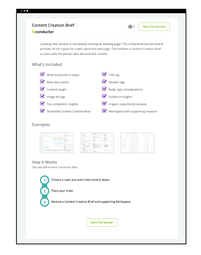 Conductor platform view of on-demand SEO services' detailed description, past examples, process steps, delivery method, and estimated timing