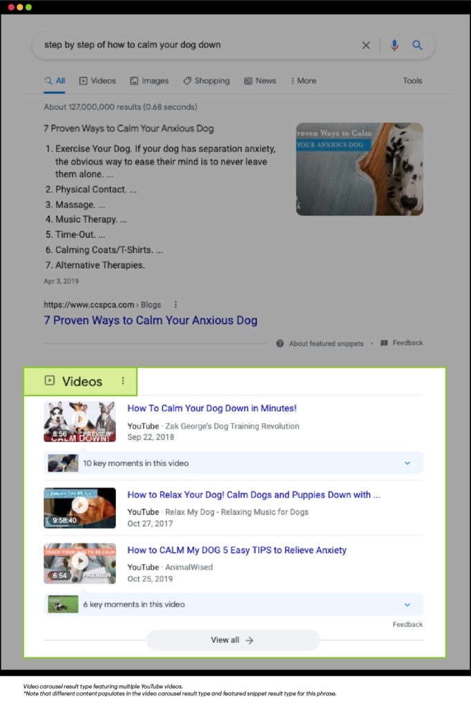 Video carousel result type featuring multiple YouTube videos. Different content populates in the video carousel result type and featured snippet result type for this phrase.