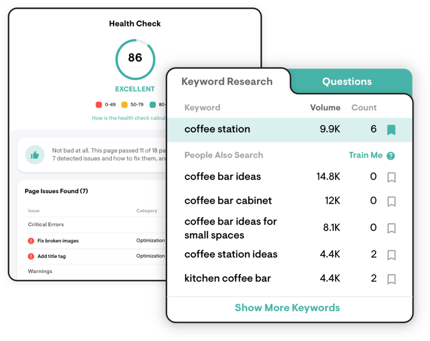 Conductor's Digital Health Check offering in its SEO Chrome Extension featuring an overview of your visibility, performance, and rank in organic search